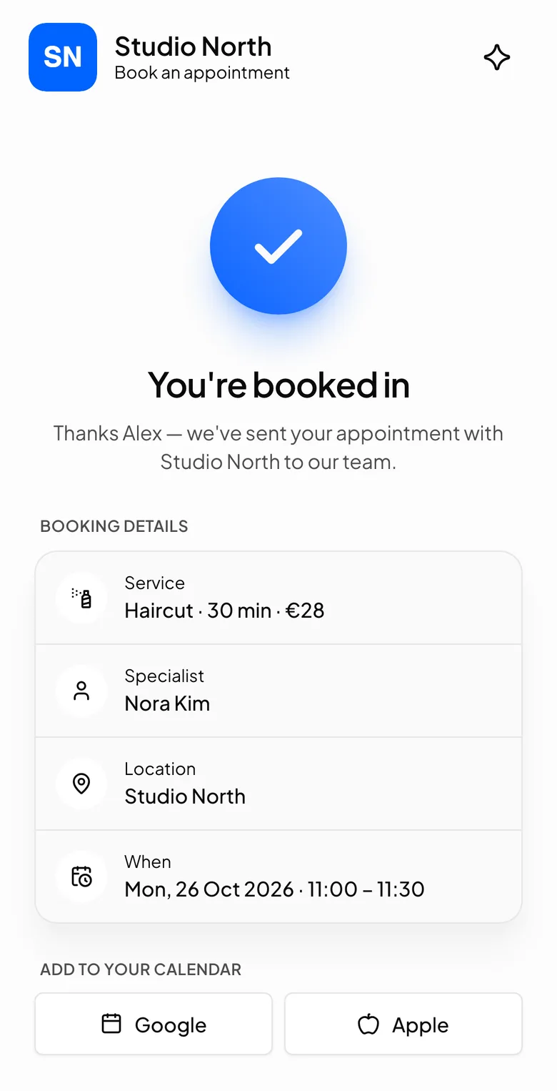 The confirmation screen with Add to your calendar buttons