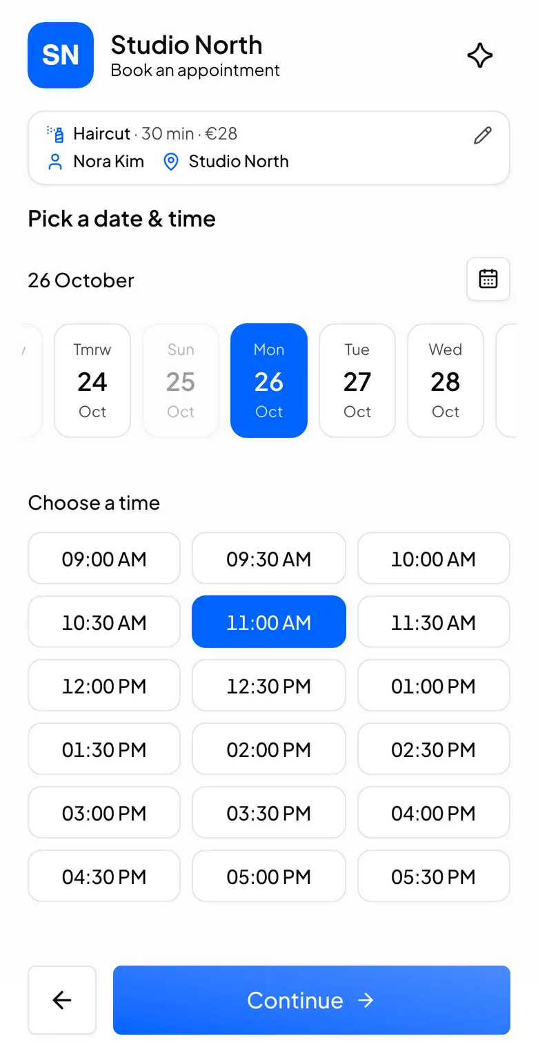 Picking a day and a free time on Studio North's booking page