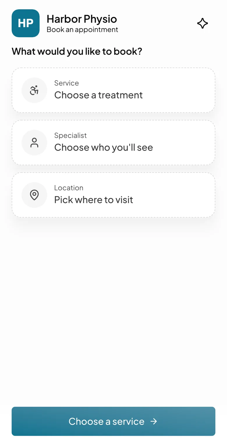 Booking page of Harbor Physio, a physiotherapy clinic, in teal