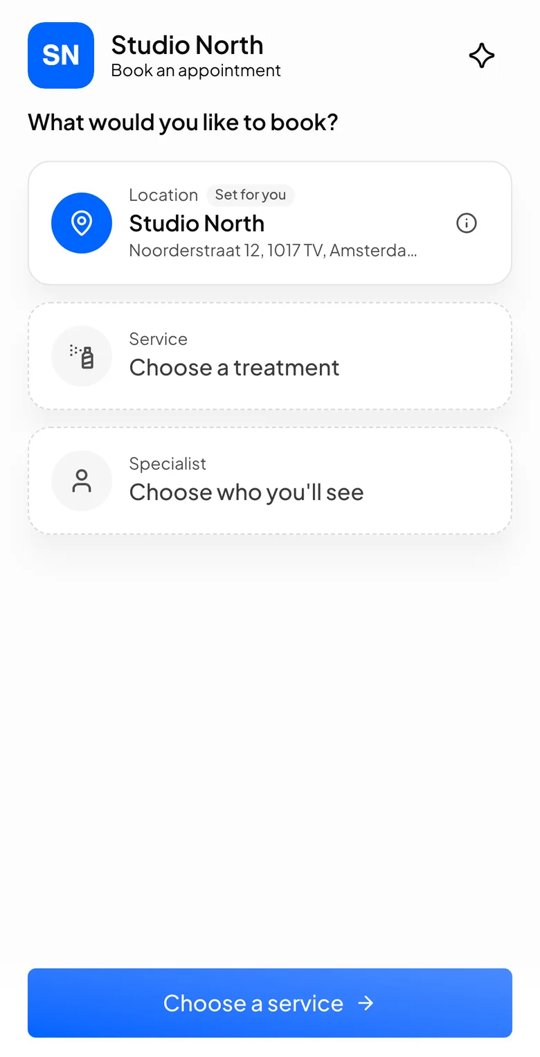 Booking page of Studio North, a barbershop, in blue