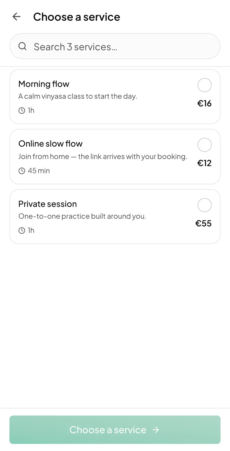 A yoga studio's services: a group class, an online class and a private session